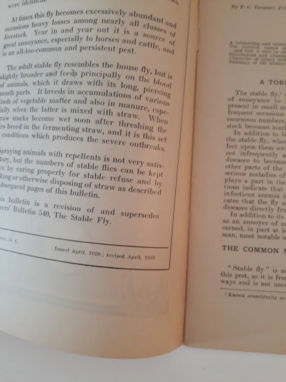 Vtg Farmers Bulletin US Dept of Agriculture No 1097 The Stable Fly Pest 1931 jj