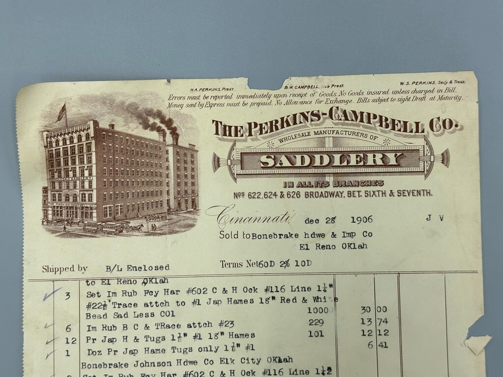 1906 Perkins Campbell SADDLERY Horse Saddle Billhead CINCINNATI Advertising