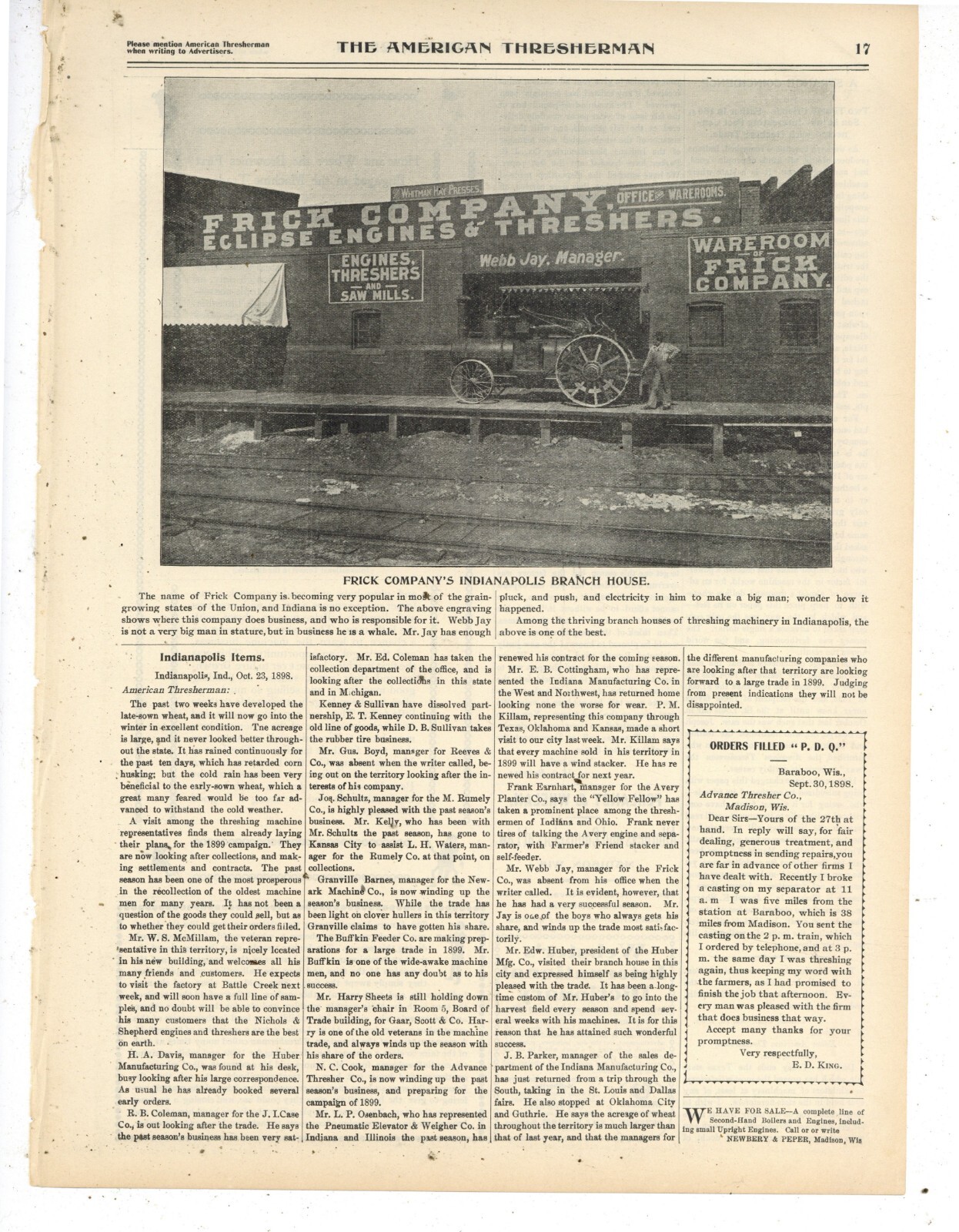 1898 Pic & Caption: Frick Eclipse Engines Indianapolis Branch House Webb Jay Mgr