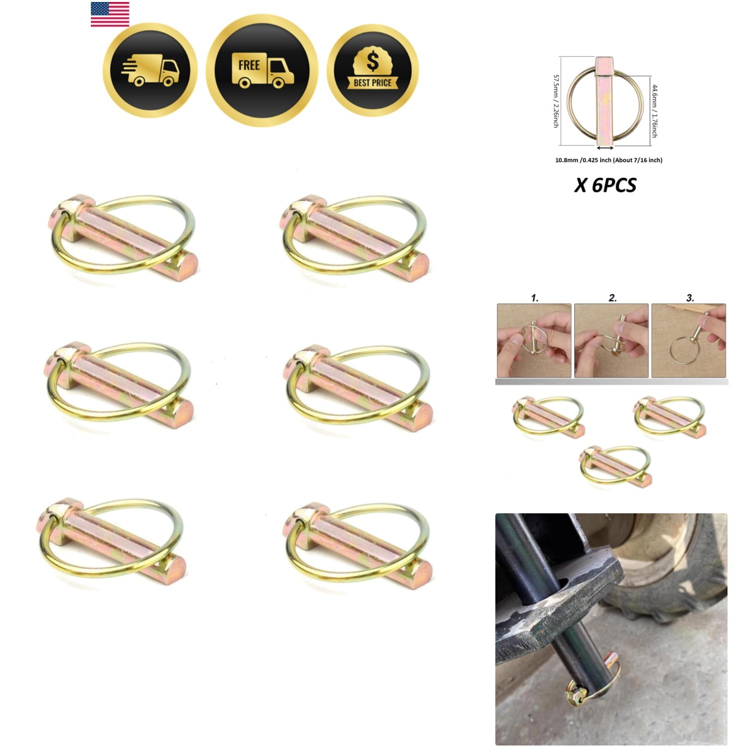 6 PCS 7/16 Assortment Kit Linch Pin with Ring Heavy Duty for Farm Tractors Tr…