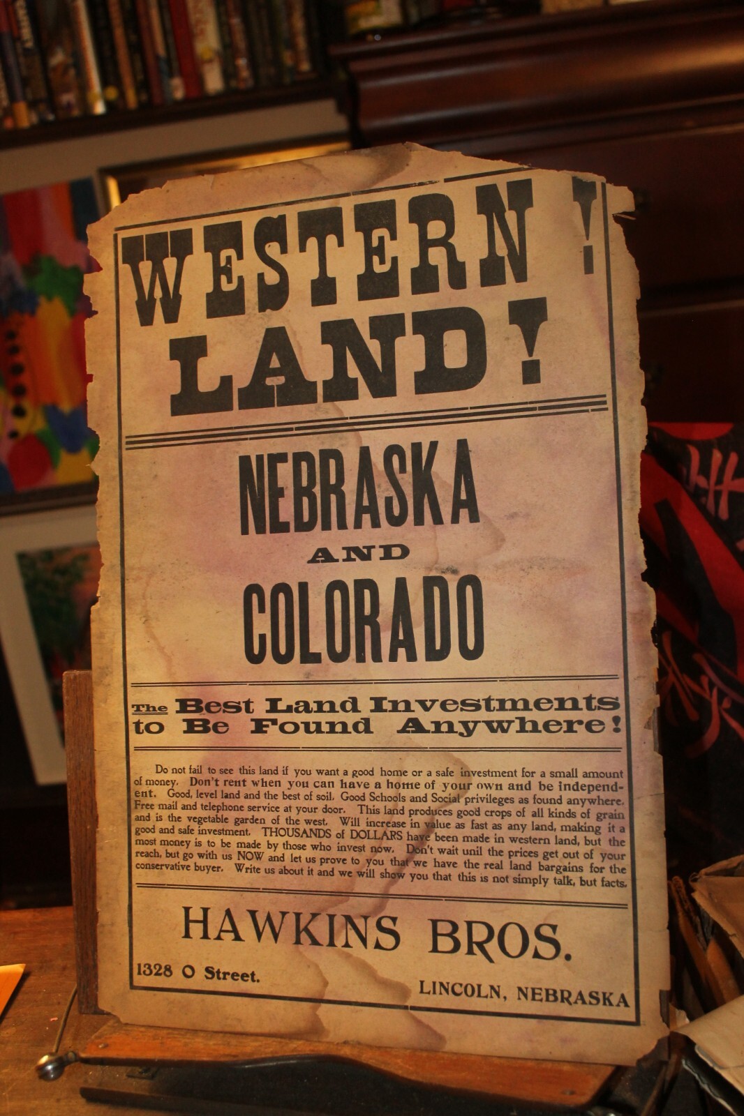 Antique Western Land Sale Handbill Poster Hawkins Bros Lincoln Nebraska Colorado
