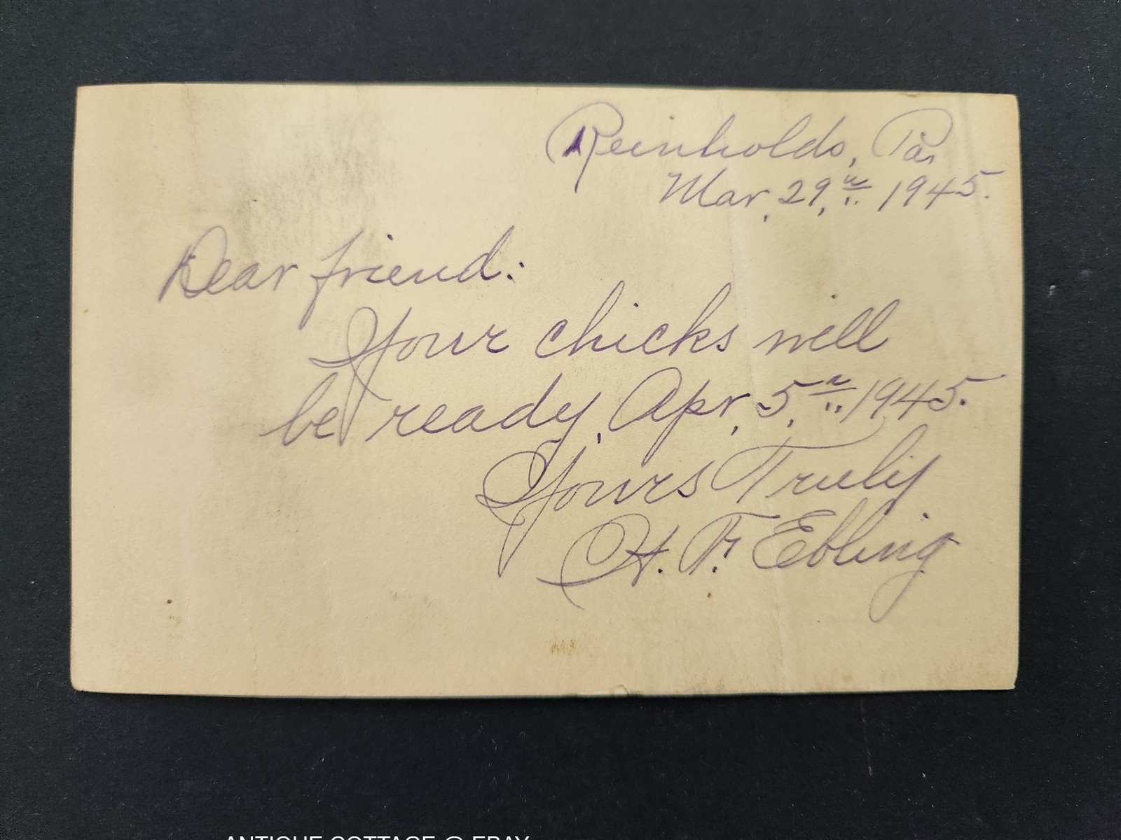 1945 vintage WALLACE F EBLING reinholds pa LEGHORNS CHICKEN POSTCARD ad