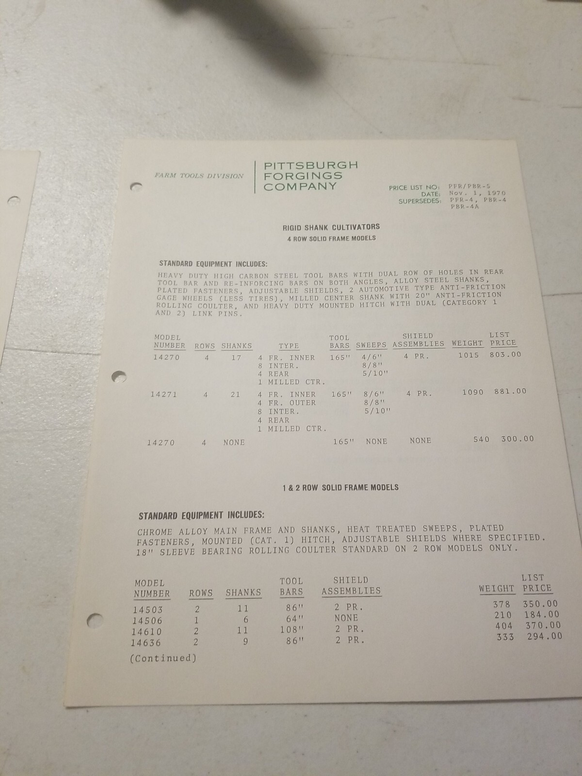 1970 PITTSBURGH FORGINGS CO. 2 ROW SPRING SHANK CULTIVATOR BROCHURE &PRICE LIST