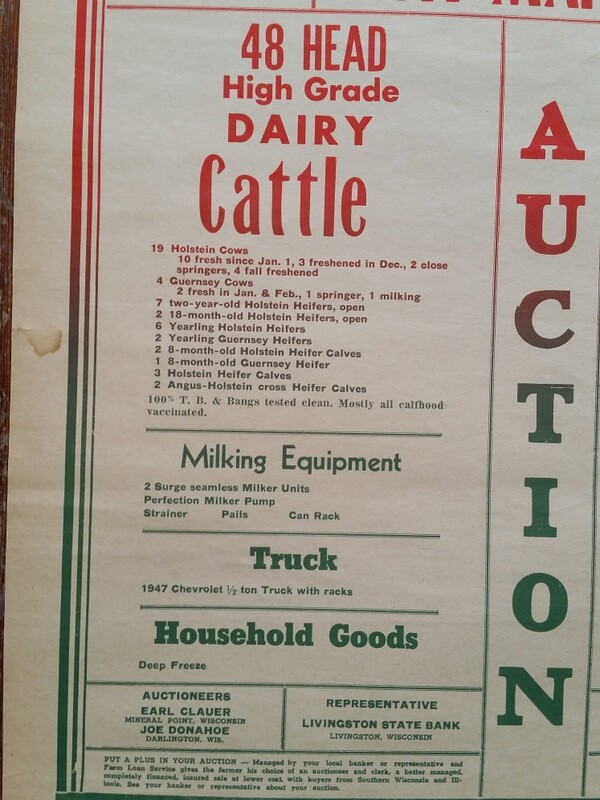 1963 Agnes Garvey Farm Auction Poster Rewey WI Wisconsin Dairy Cattle & Equip