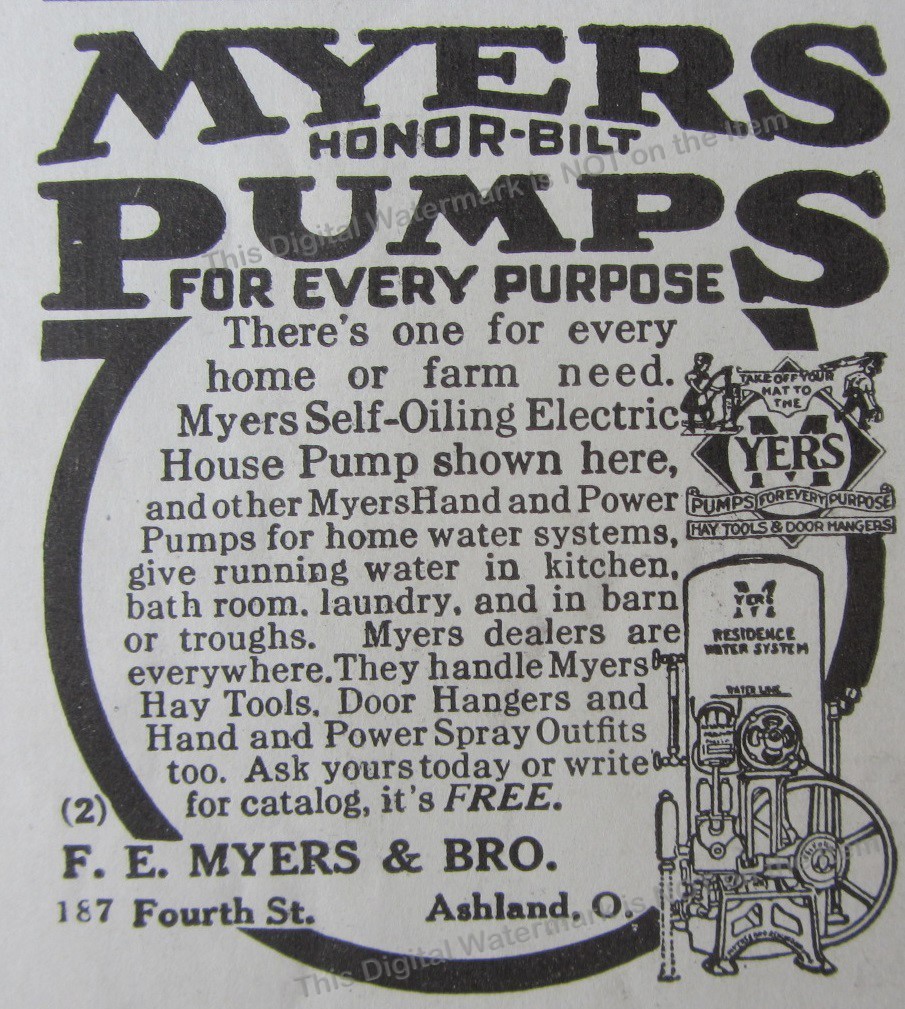 1919 Ad Myers Honor-Bilt Self-Oiling Electric Pump F.E. Myers & Bro Ashland Ohio