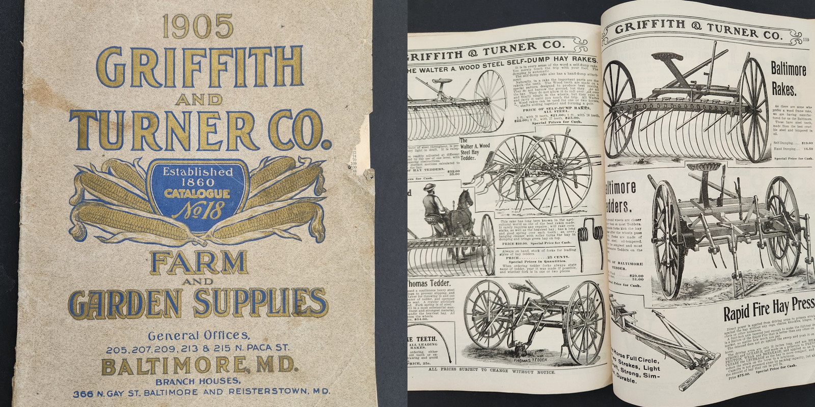 1905 antique GRIFFITH TURNER baltimore md FARM GARDEN SUPPLY CATALOG agriculture