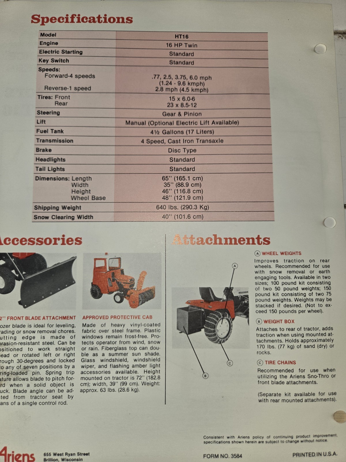 8 VINTAGE ARIENS DEALERSHIP ADVERTISING BROCHURES TRACTORS SNO-THROS