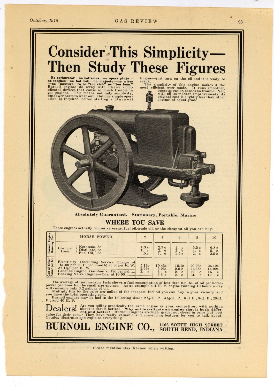 1915 Burnoil Engine Co. Ad: Horsepower Chart – South Bend, Indiana