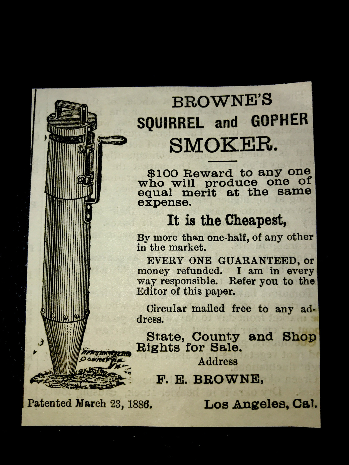 1886 Browne’s Squirrel & Gopher Smoker Farm Advertising – Los Angeles California