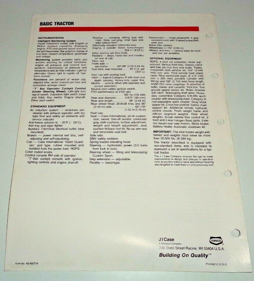 Case IH 2594 Tractor Specifications Sales Brochure Literature AD-60077A specs