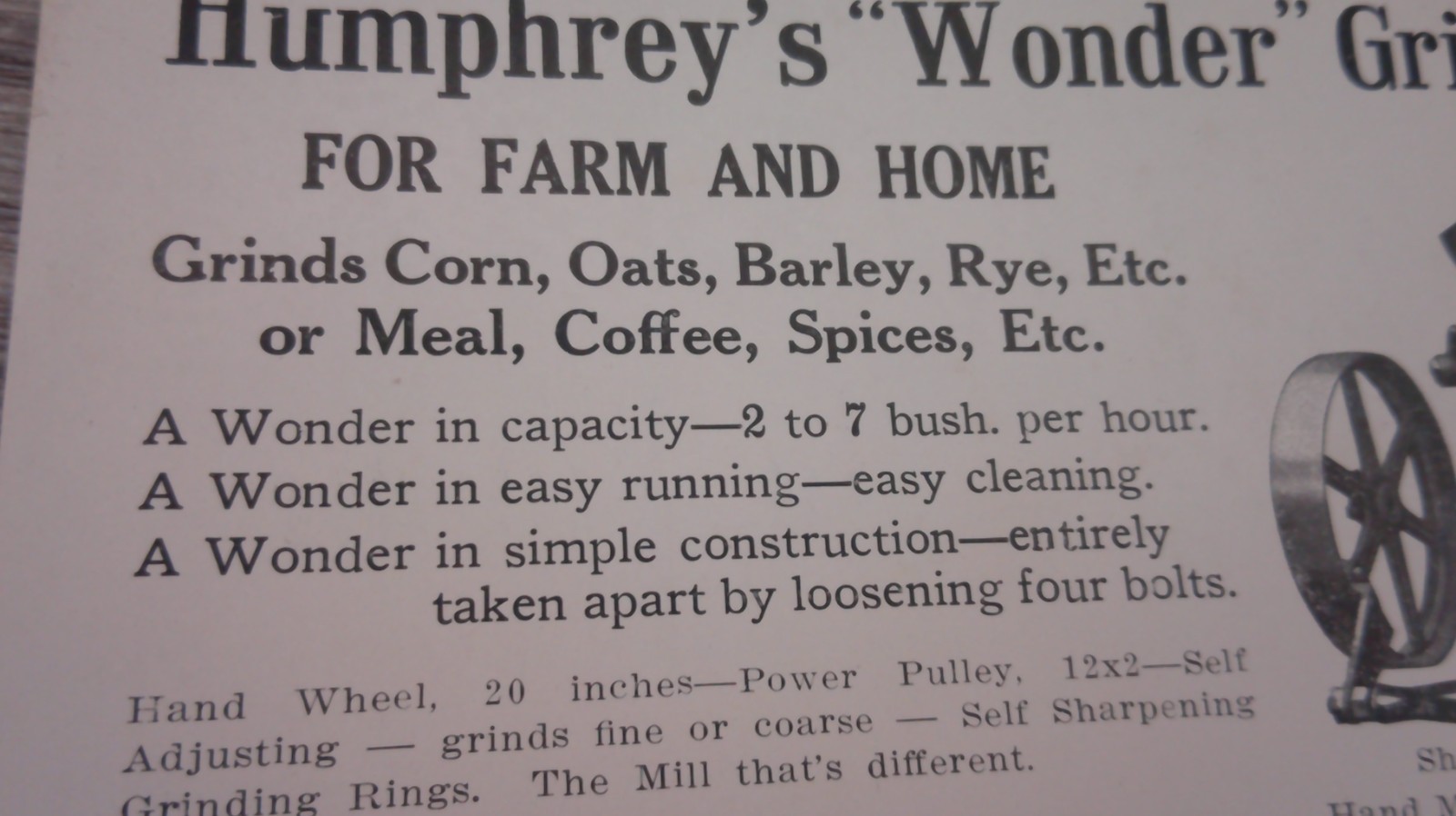 advertising paper for Humphrey&rsquo;s grist mill for farm and home pictured 11B