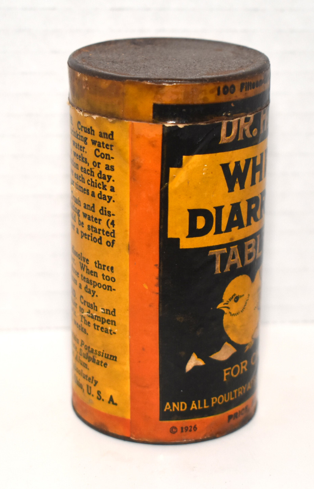 Vintage 1926 Dr Hess White Diarrhea Tablets for Chicks Can Farm Medicine Can