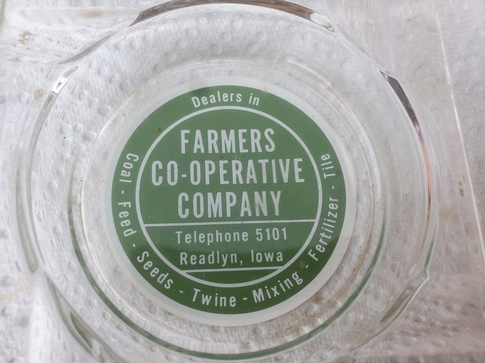 Glass Ashtray Farmers Cooperative Readlyn Iowa Coal Feed Seed Twine Mixing Tile