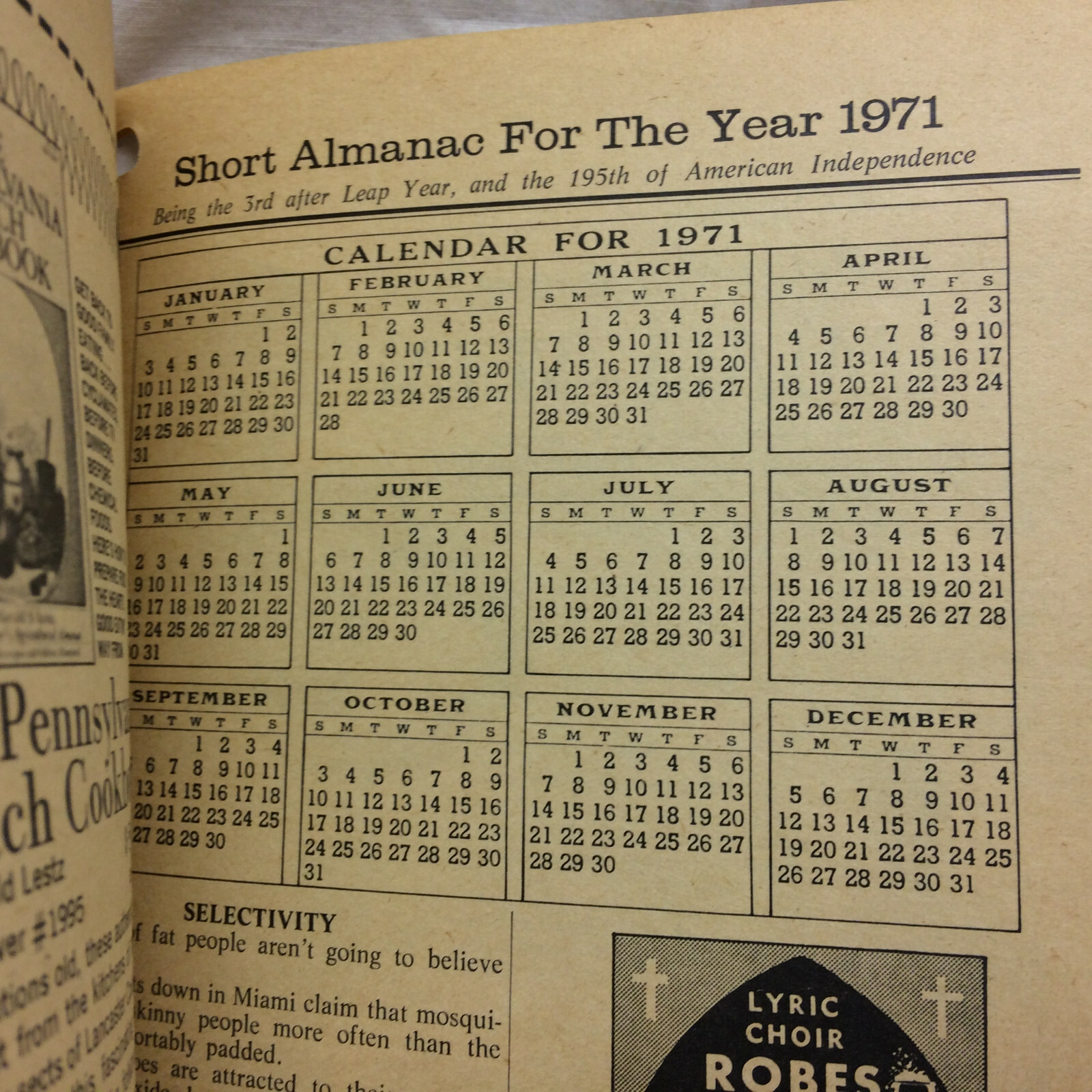 Vintage 1971 Baer&rsquo;s Agricultural Almanac Lancaster, PA