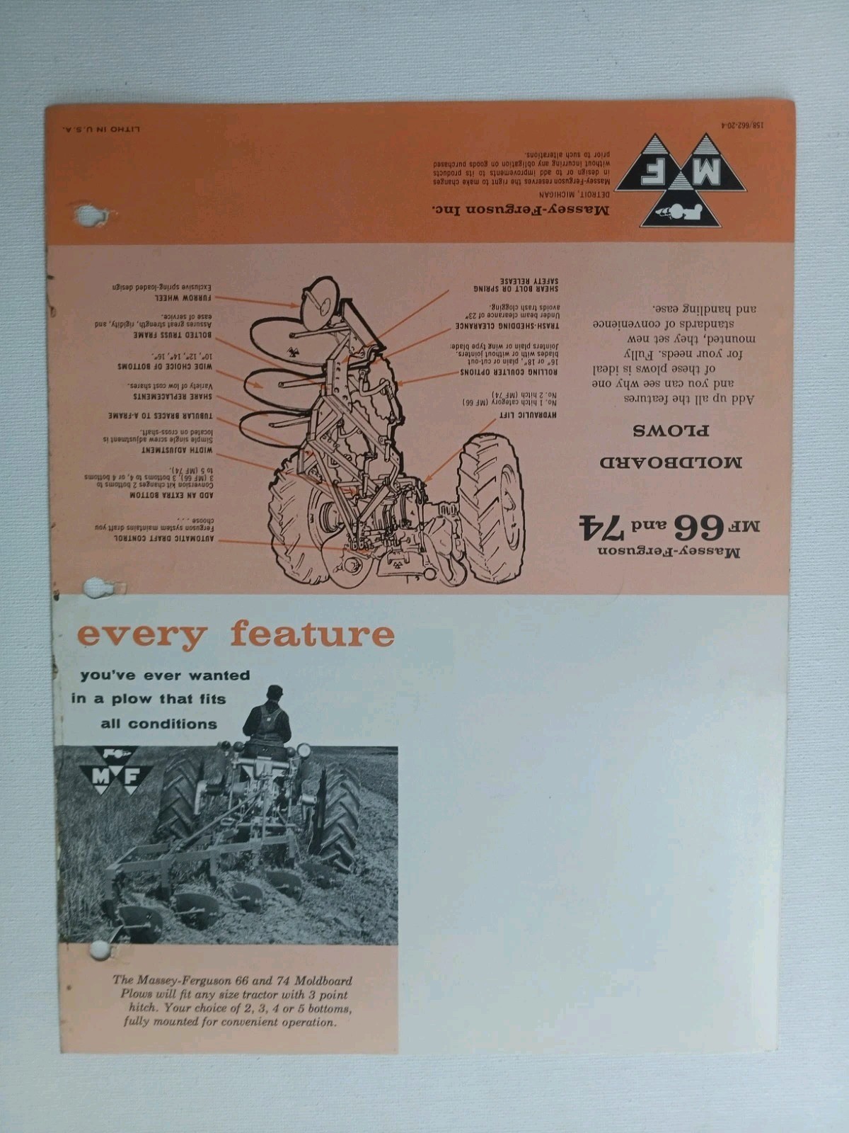 Vintage Massey Ferguson MF 66 & 74 Moldboard Plow Dealer Brochure AD