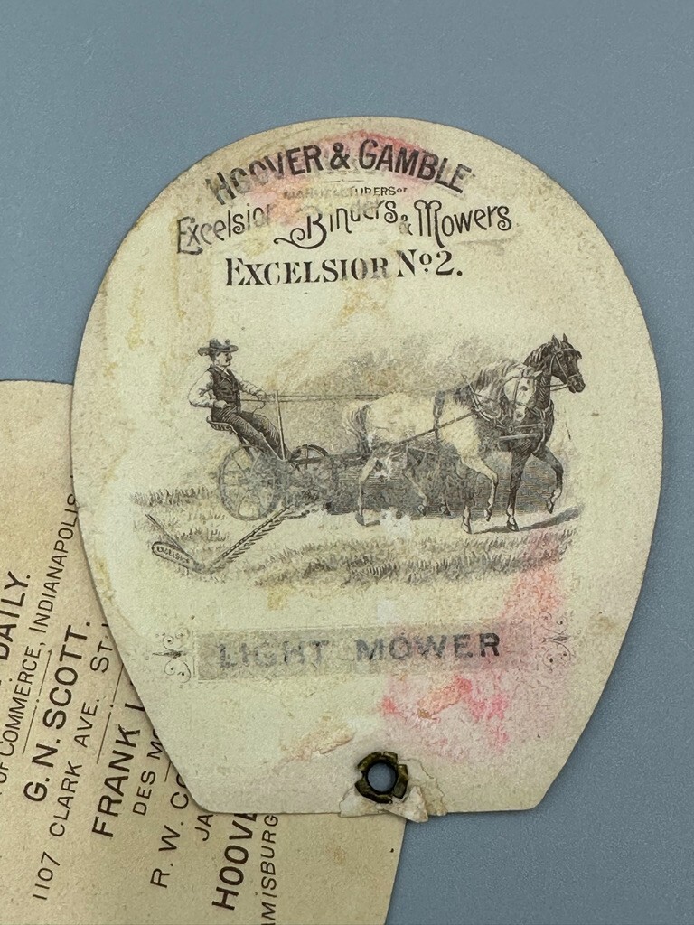 1889 EXCELSIOR MOWER Hoover Gamble FARM MACHINERY Advertising Trade Card Fan