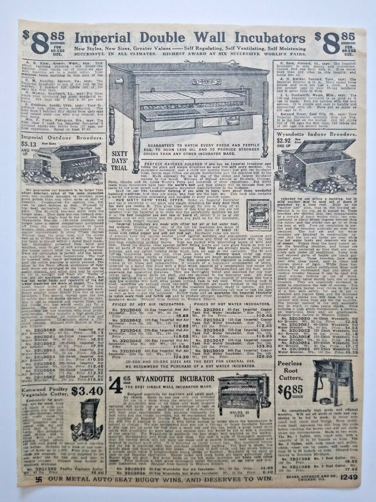 1911 Antique Incubator Chicken Farming Art Sears Catalog Page Vintage Print Ad