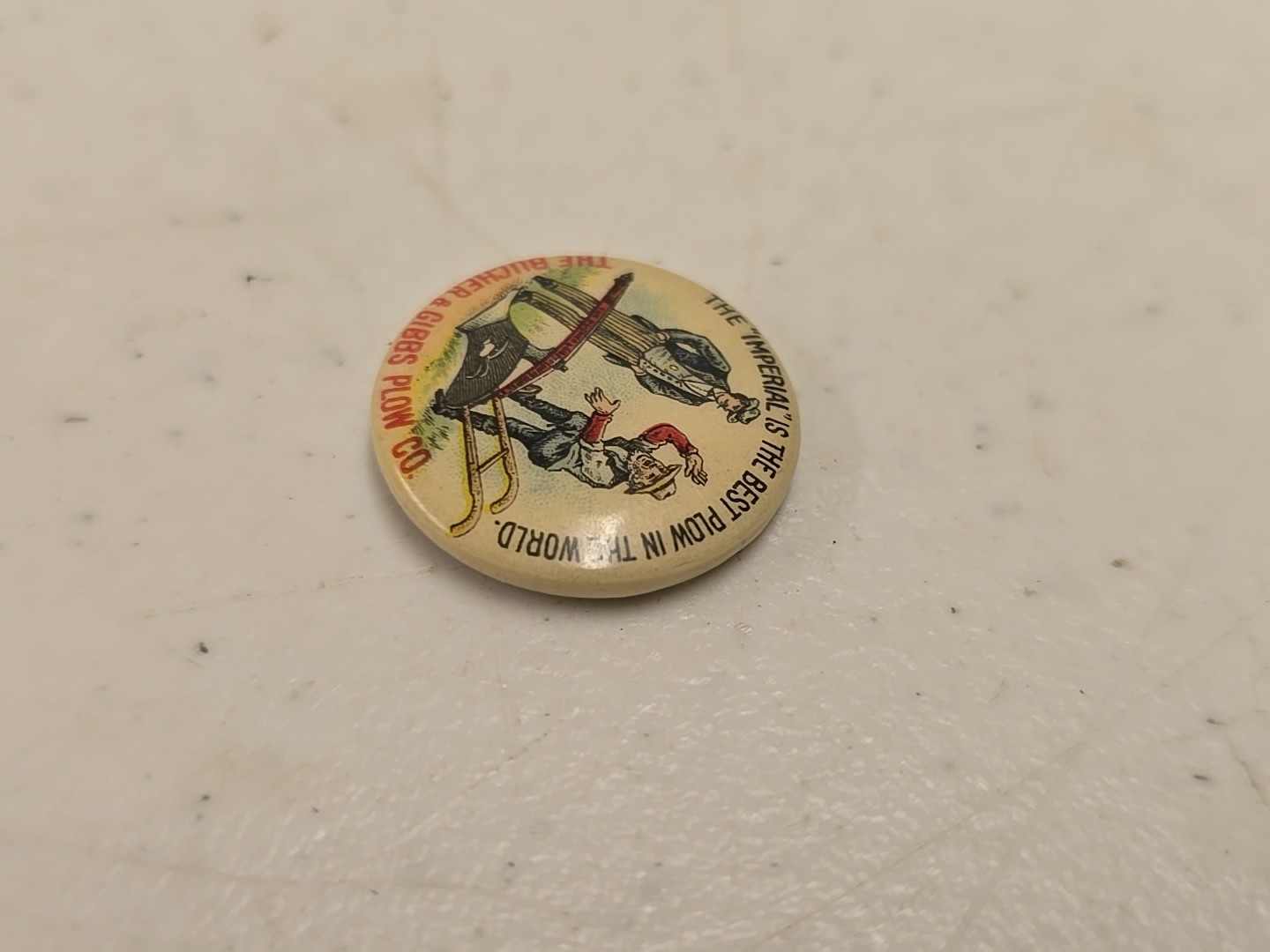 Antique 7/8&Prime; Bucher & Gibbs Imperial Plow Advertising Celluloid Pinback