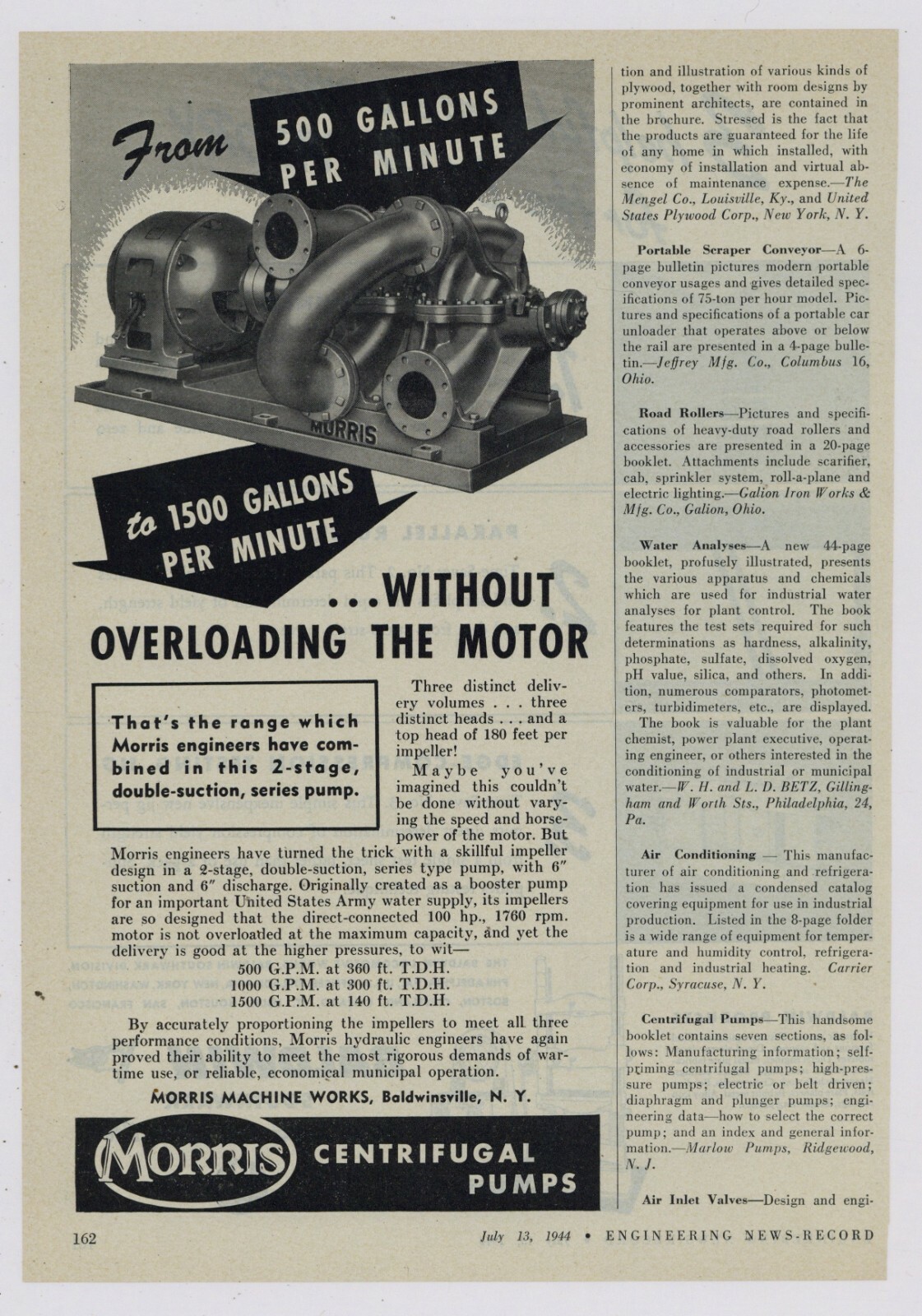 1944 Morris Machine Works Ad: Centrifugal Pumps – Baldwinsville, New York