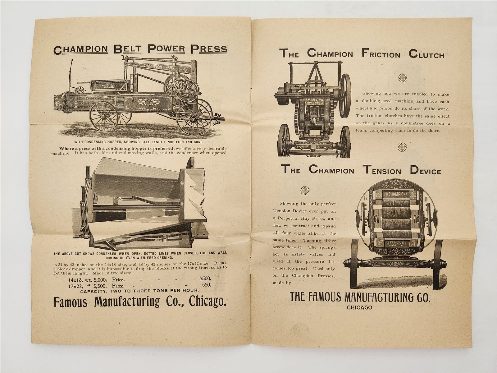 1893 antique CHAMPION HAY PRESS CATALOG chicago il FAMOUS Mfg Co agriculture ad
