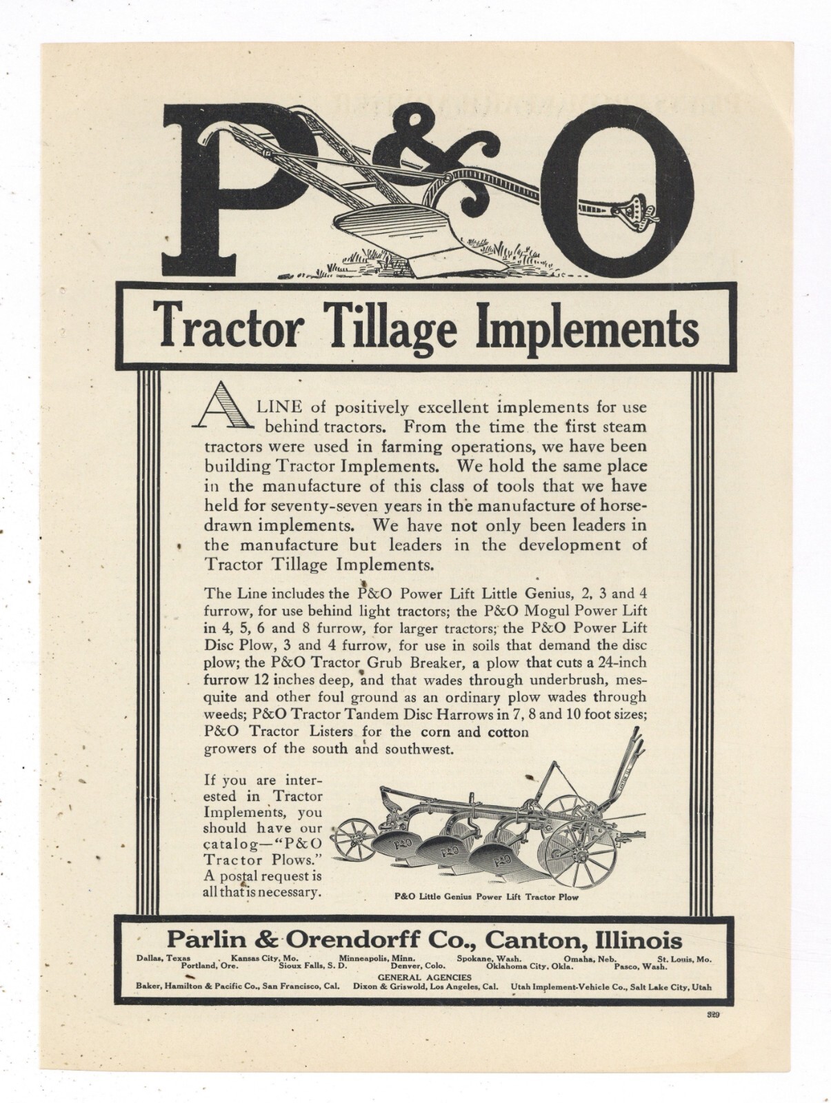 1919 Parlin & Orendorff Co. Ad: P&O Tractor Tillage Implements – Canton, IL