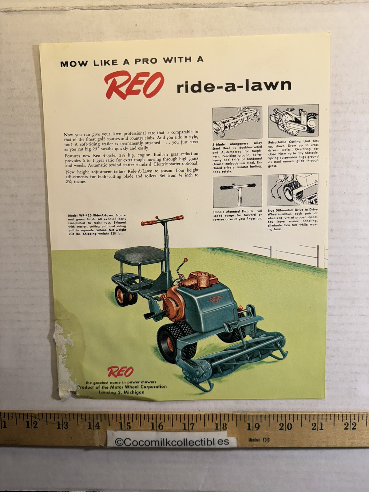 Vintage Mow Like A Pro With A Reo Ride-A-lawn Lansing MI Brochure Damaged