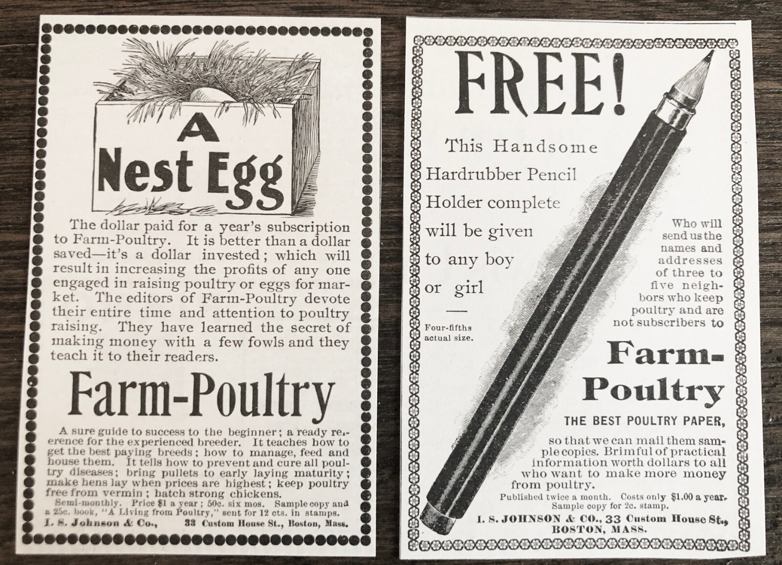 1897 FARM-POULTRY Print Ads~Vtg Magazine Subscription 4 Journal Raising Chickens