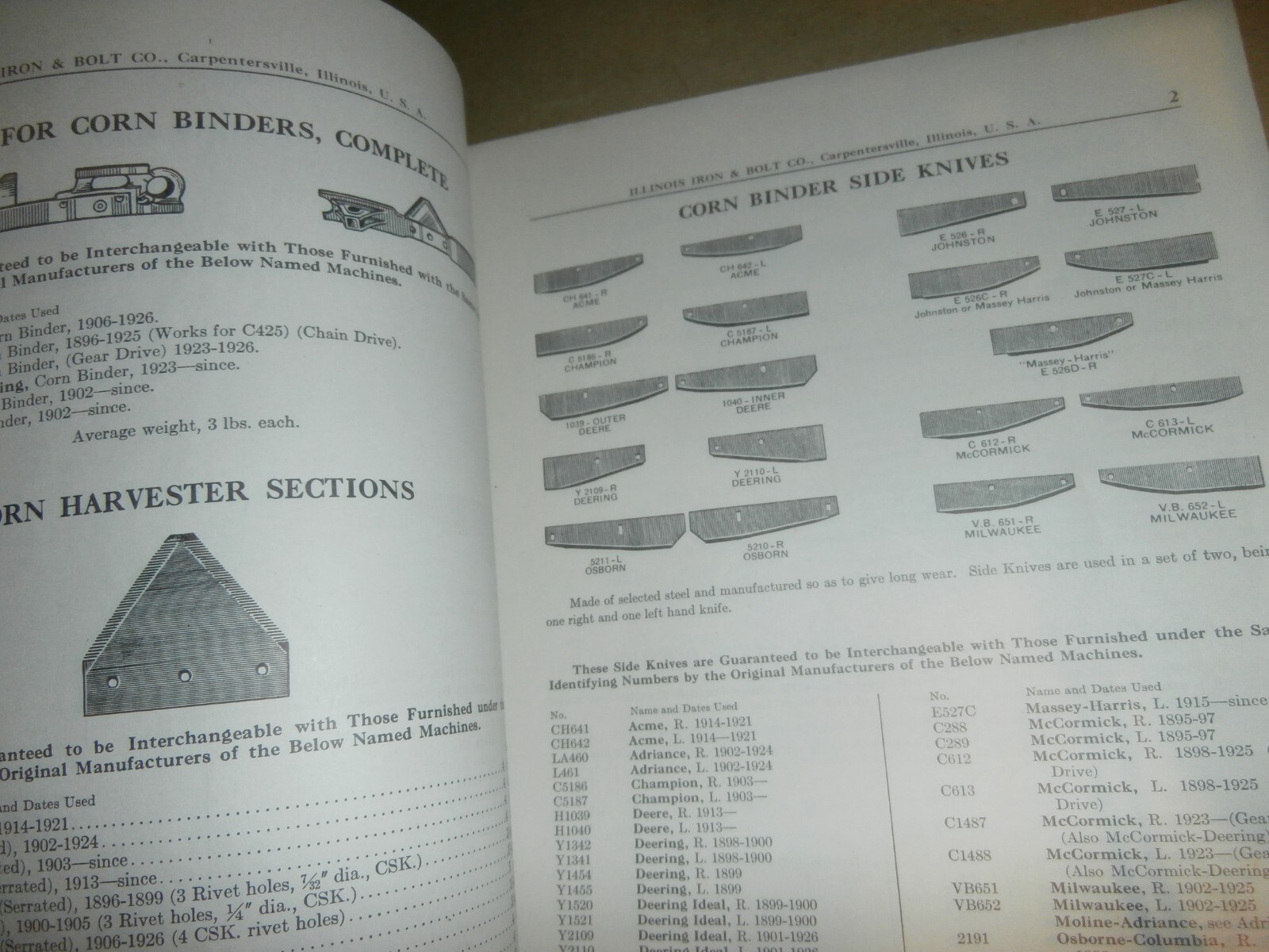 Vintage Parts Catalog for Illinois Iron & Bolt Co Corn Binders Carpentersville
