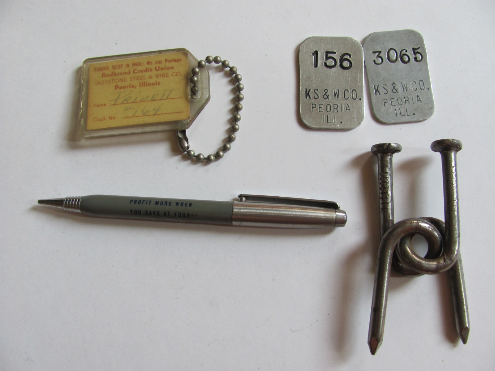VTG KEYSTONE WIRE PEORIA IL 2 # TAG KEY CHAIN PENCIL GROUP