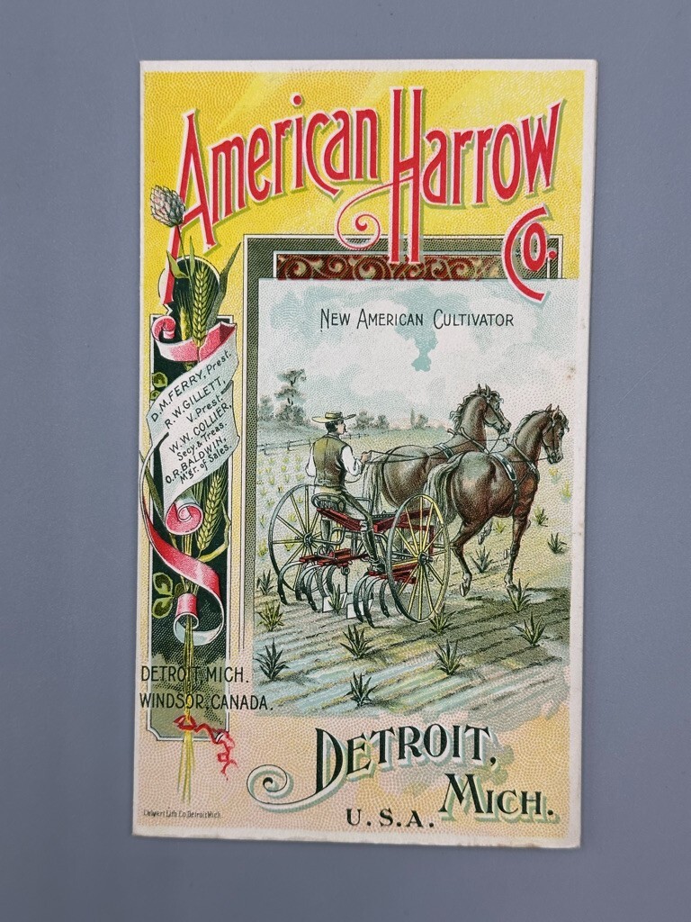 1880s AMERICAN HARROW Victorian FARM Advertising Folding Trade Card DETROIT