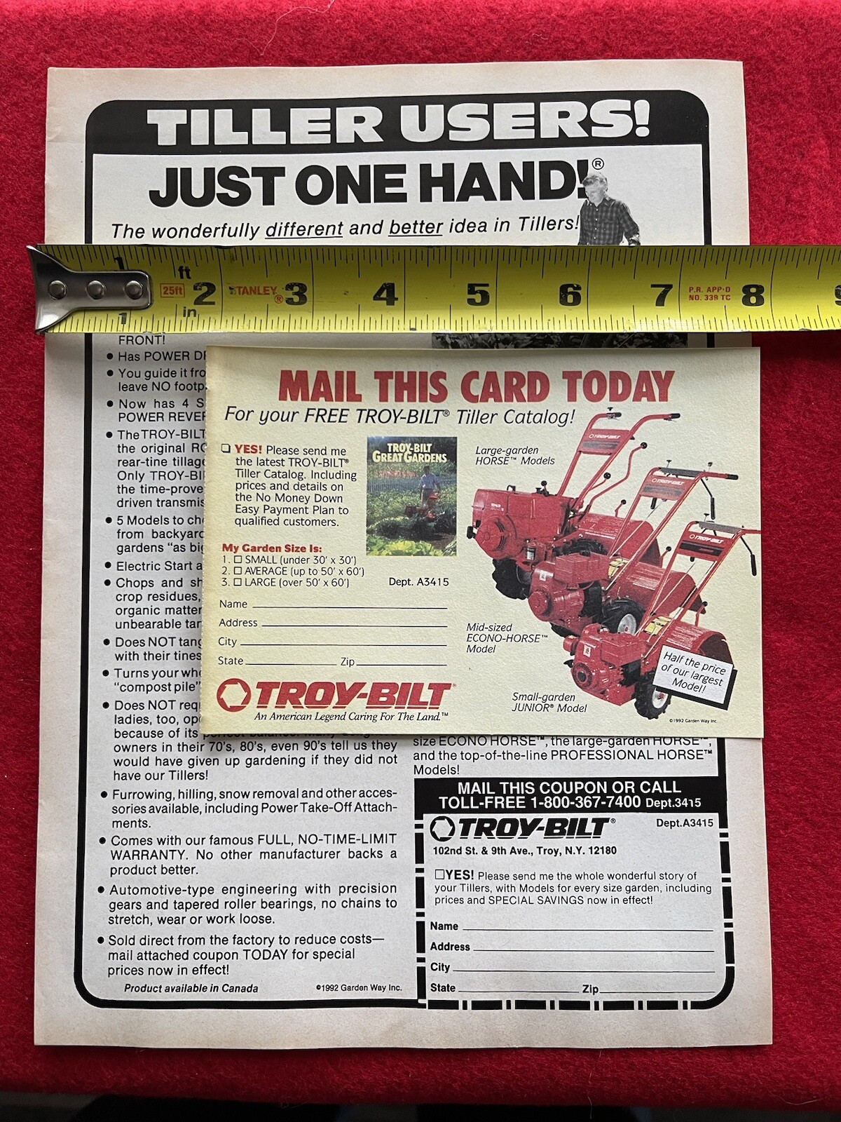 Vintage 1992 Troy Bilt Roto Tiller Print Ad “Just One Hand”