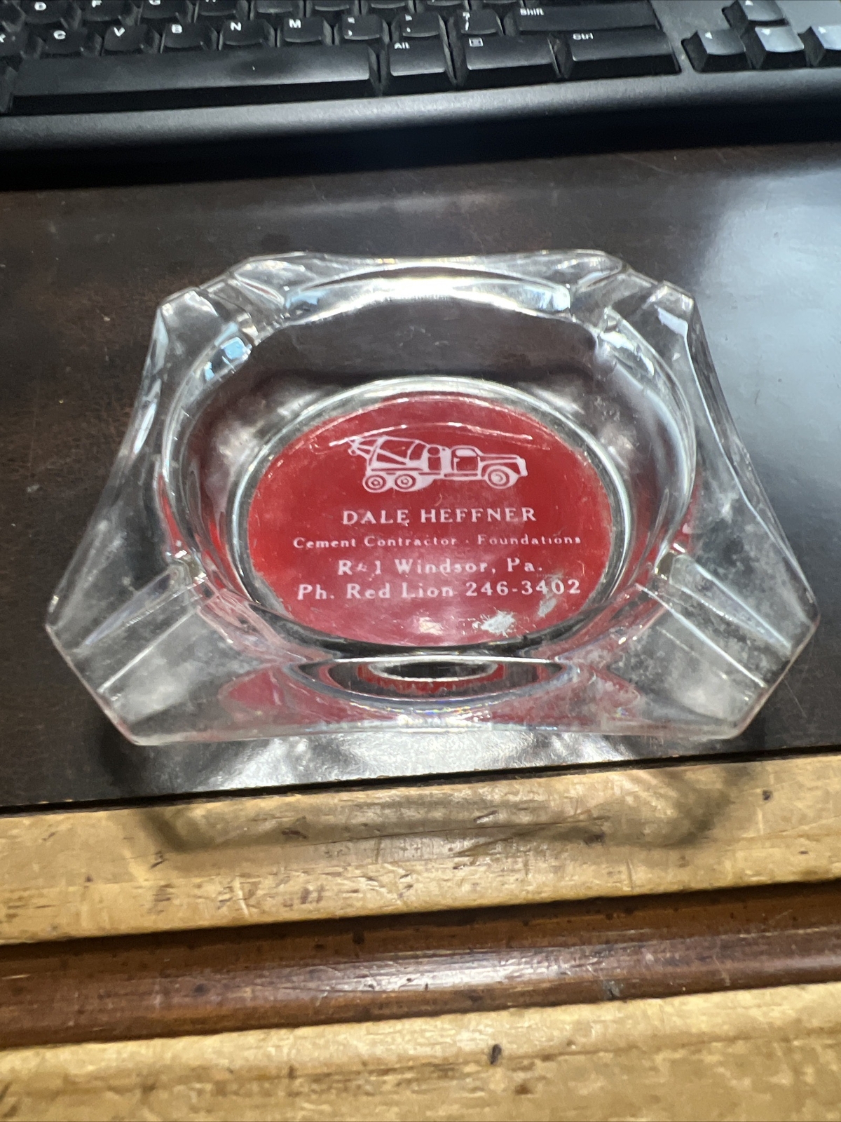 Vintage Glass Ashtray Dale Heffner Cement Contractor Windsor Red Lion Pa