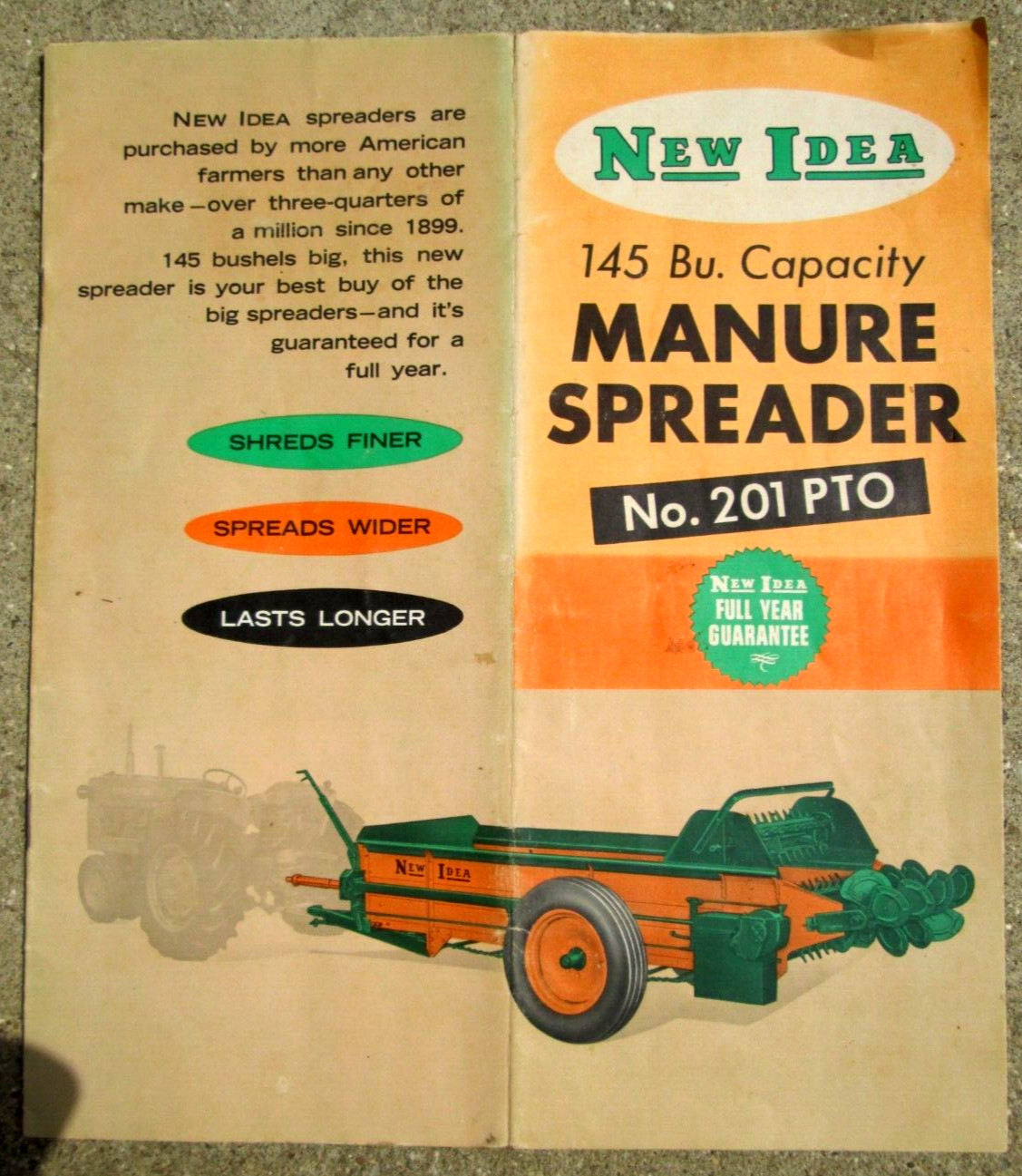 Vintage New Idea 145 Bu. Capacity MANURE SPREADER No. 201 PTO Sale Brochure