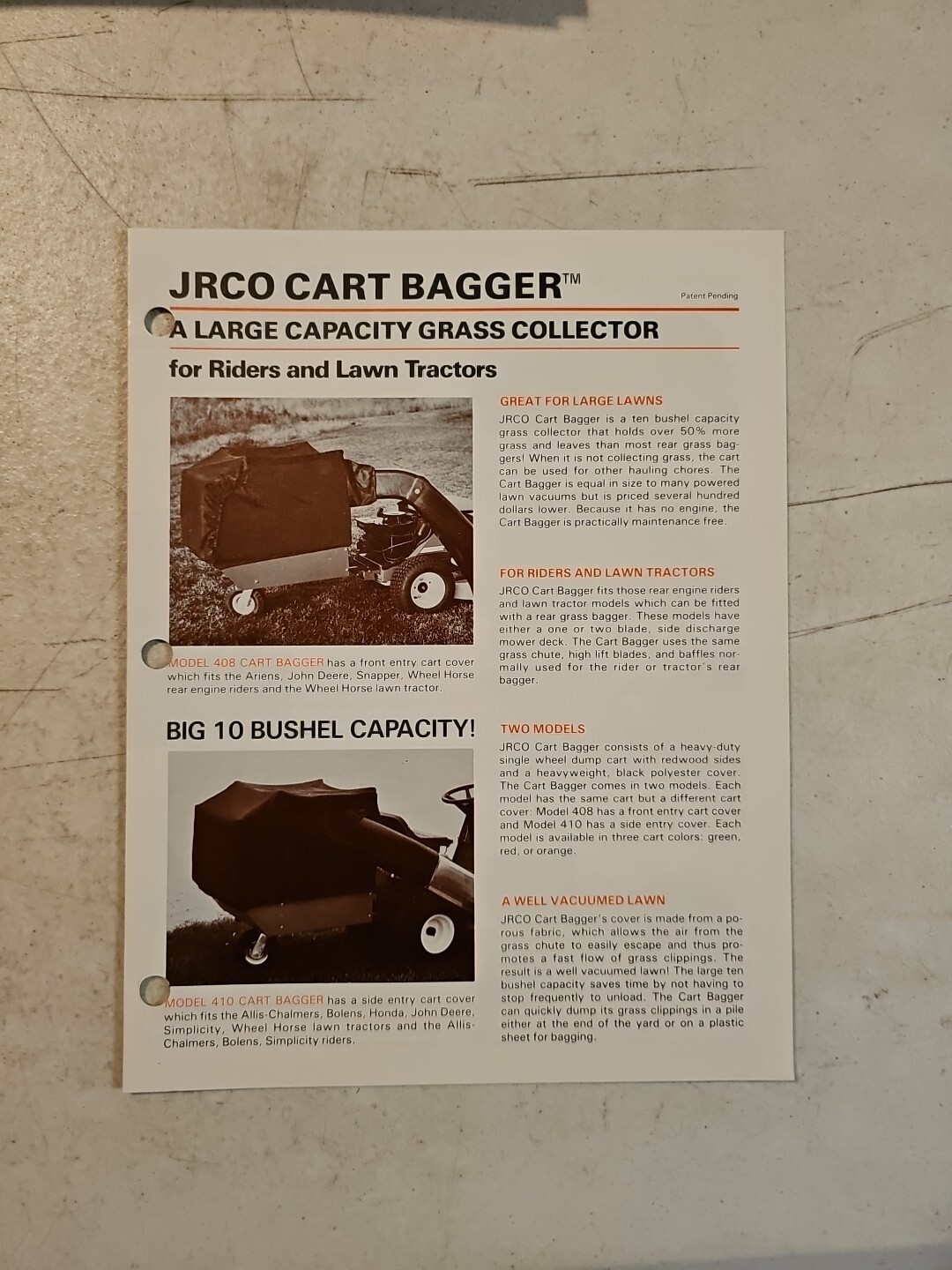 VINTAGE 1985 JRCO CART BAGGER GRASS COLLECTOR SALES BROCHURE