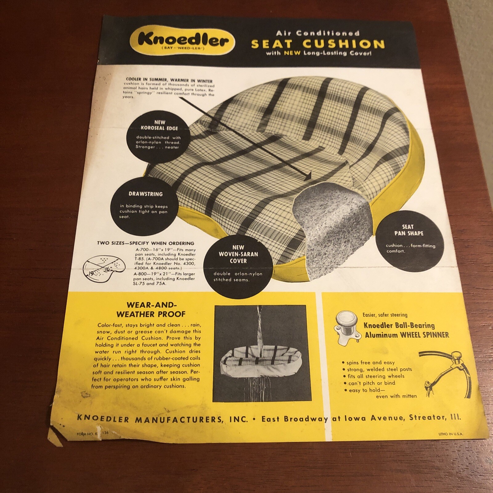 1950s KNOEDLER TRACTORS Seat Cushion Brochure ~ Streator, IL ~ RARE ~ VINTAGE