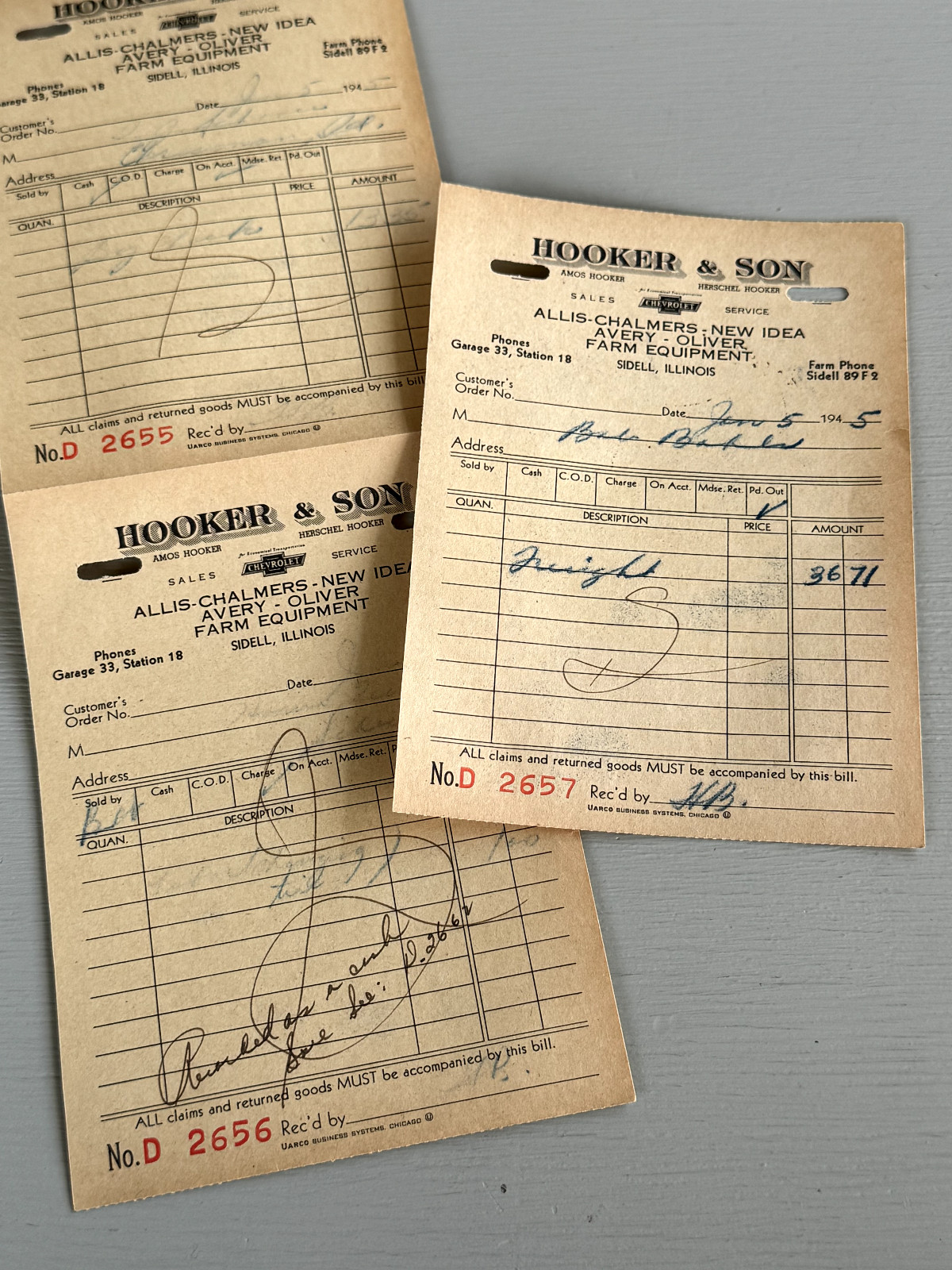VTG Sidell IL Receipts Chevrolet Allis Chalmers New Idea Avery Oliver Farm Equip