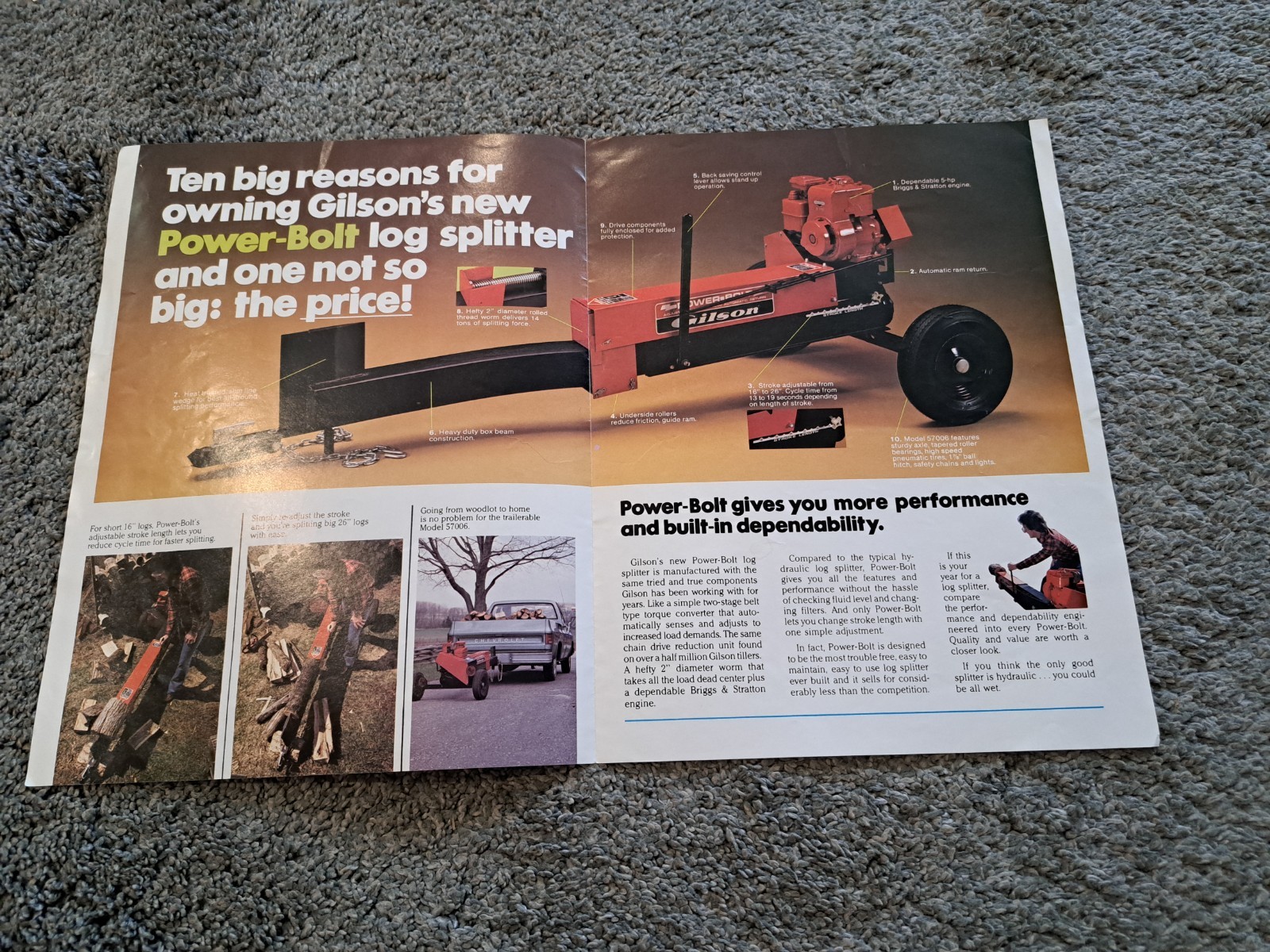 Vintage Gilson Power-Bolt Log Splitters Sales Brochure