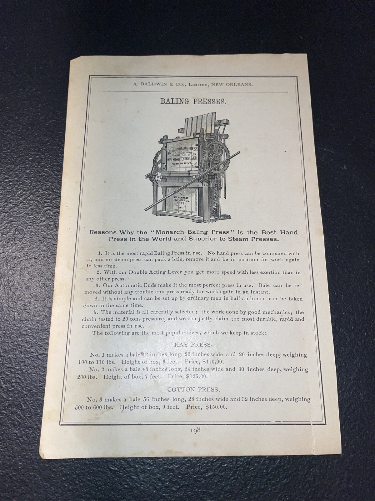 1891 Baldwin – Monarch Bailing Press Farm Advertising – Norfolk – New Orleans
