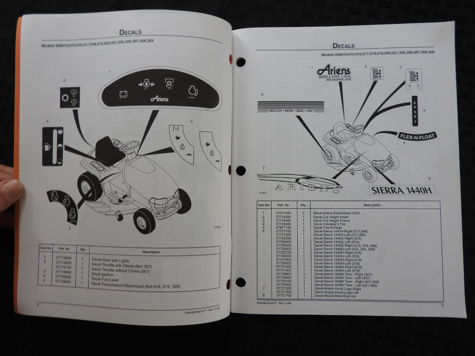 GENUINE ARIENS SIERRA 936 SERIES LAWN TRACTOR PARTS CATALOG MANUAL MINTY 1997