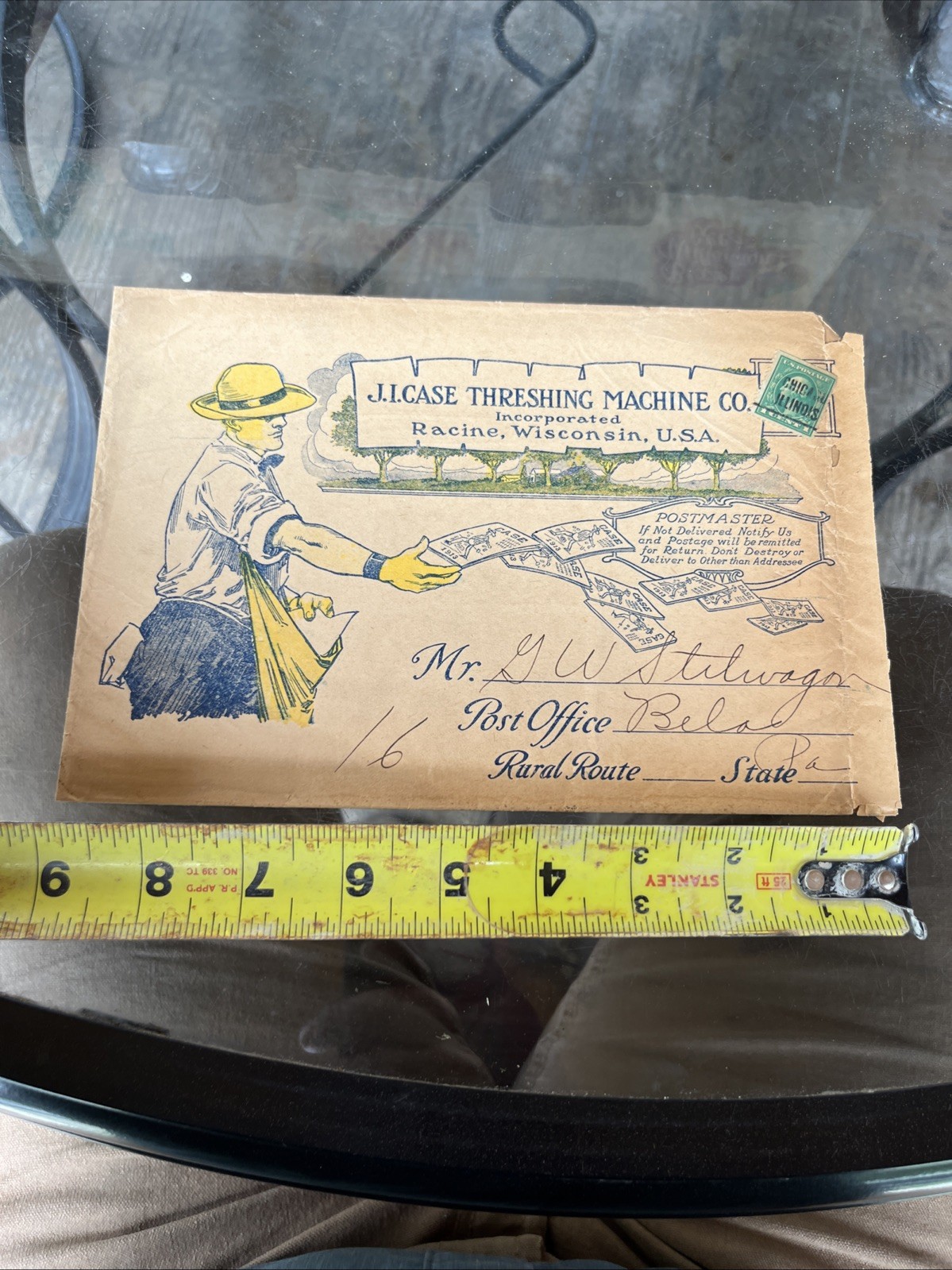 Antique J.I. Case Steam Tractor Engine Envelope, Bela Pa. Clarion Co., Farmer