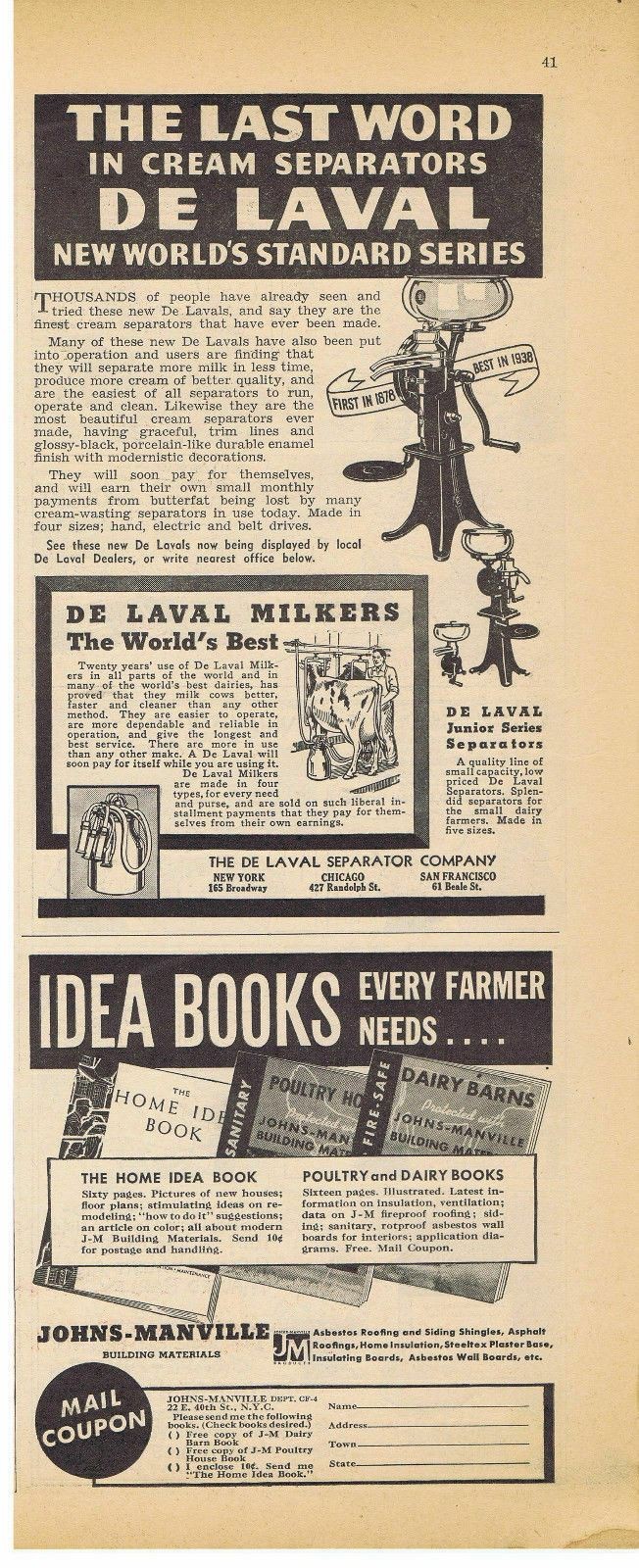 1938 De Laval Cream Separator Print Ad