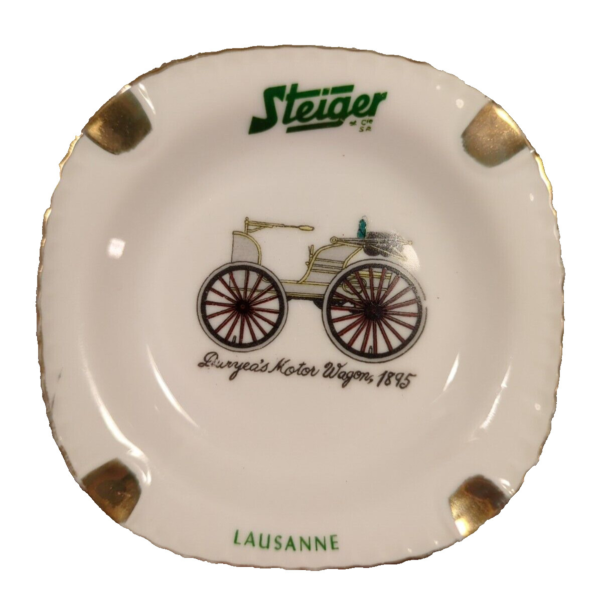 Steiger Ceramic Ash Tray, Duryea&rsquo;s Motor Wagon. « Lausanne » Gold Color Edging