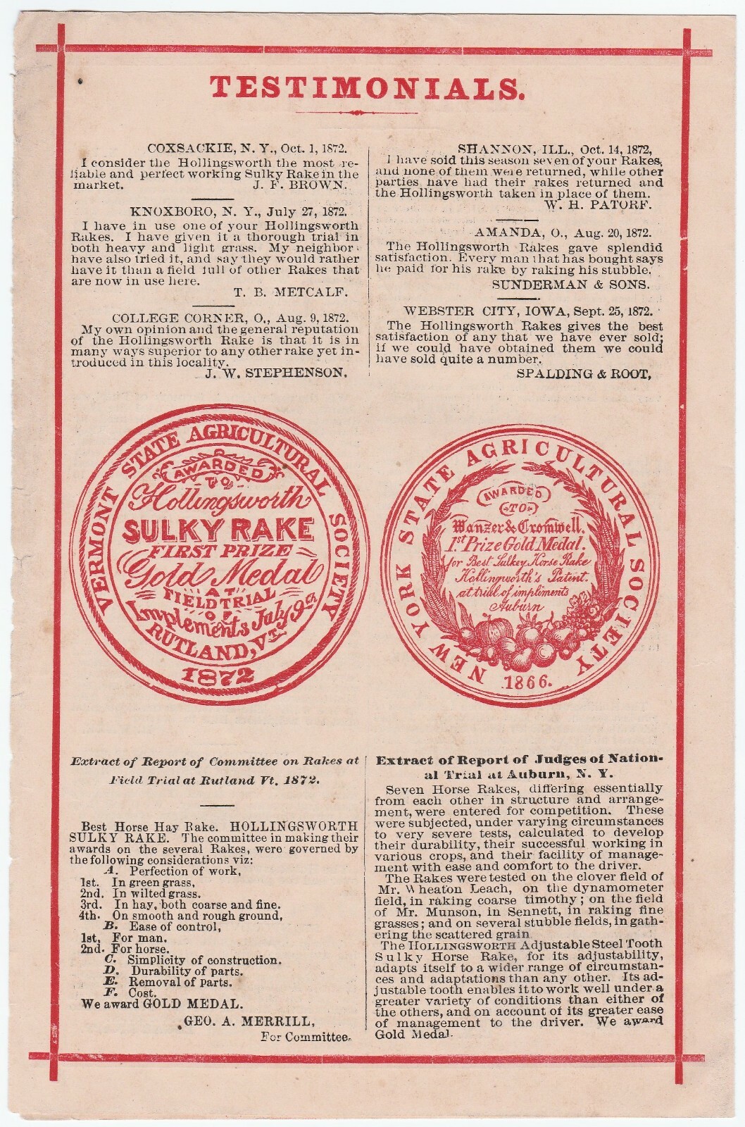 SUPER Catalog Pamphlet – Hollingsworth Hay Rake Dodds / Munn Geneseo NY 1873