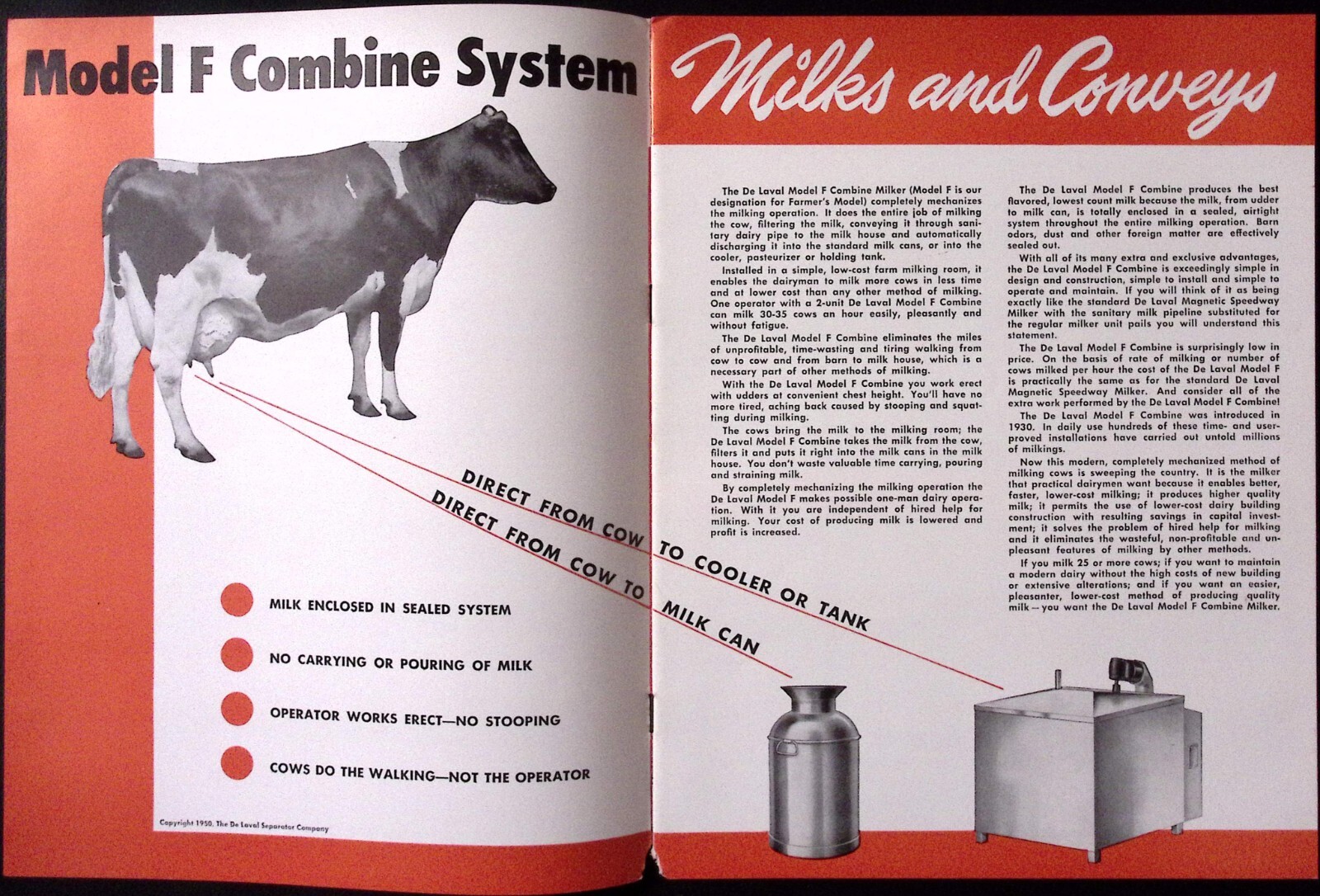 1957 DeLaval Model F Combine Milking System Dealer Brochure DeLaval Separator Co