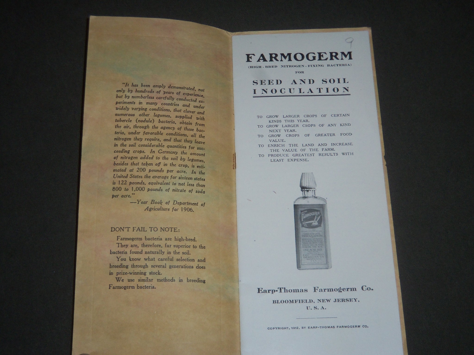 1912 FARMOGERM SEED AND SOIL INOCULATION BROCHURE – EARP THOMAS CO. – J 2530