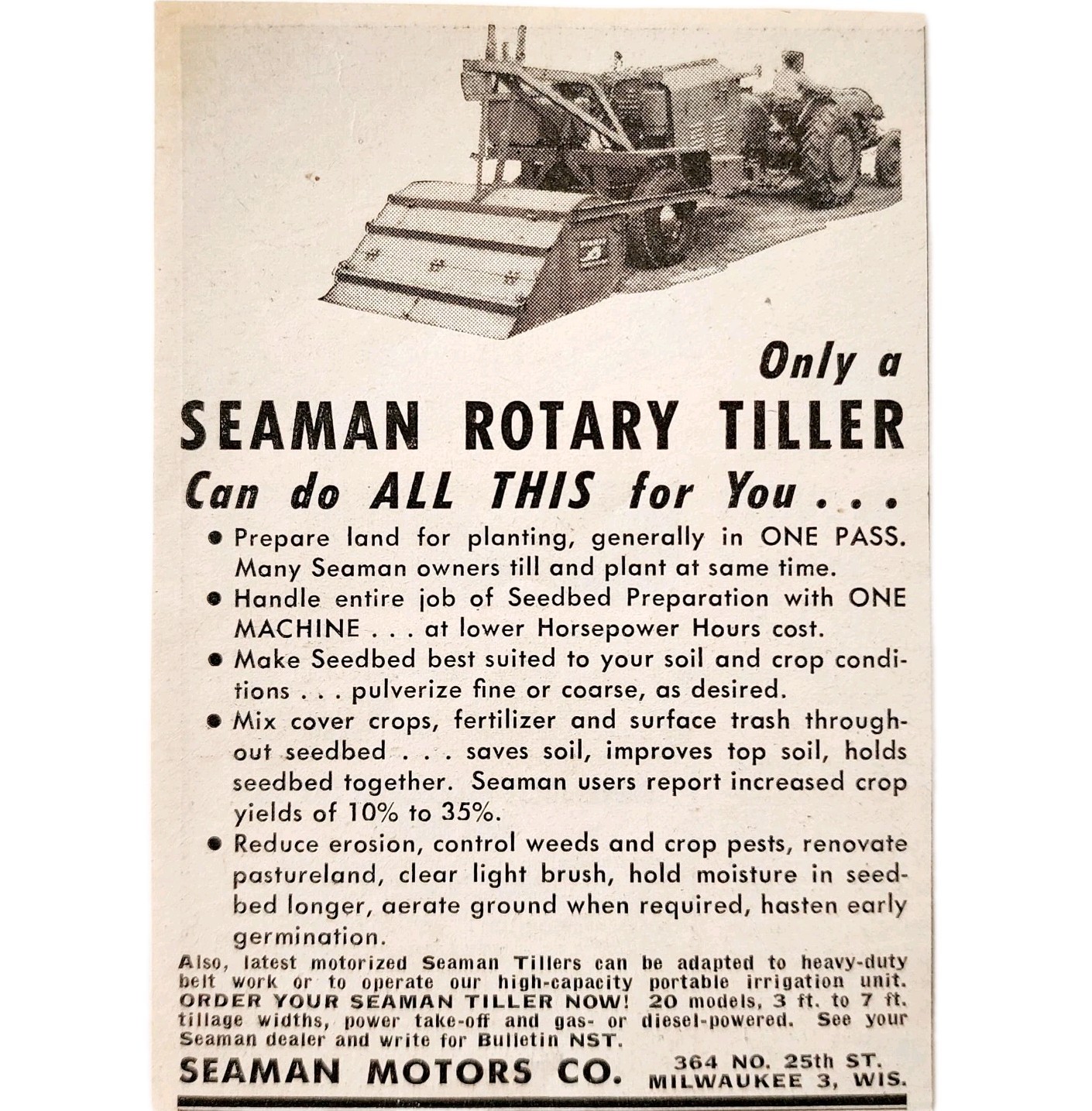 1949 Seaman Motors Rotary Tiller Tractor Advertisement Vintage Agriculture E8Q