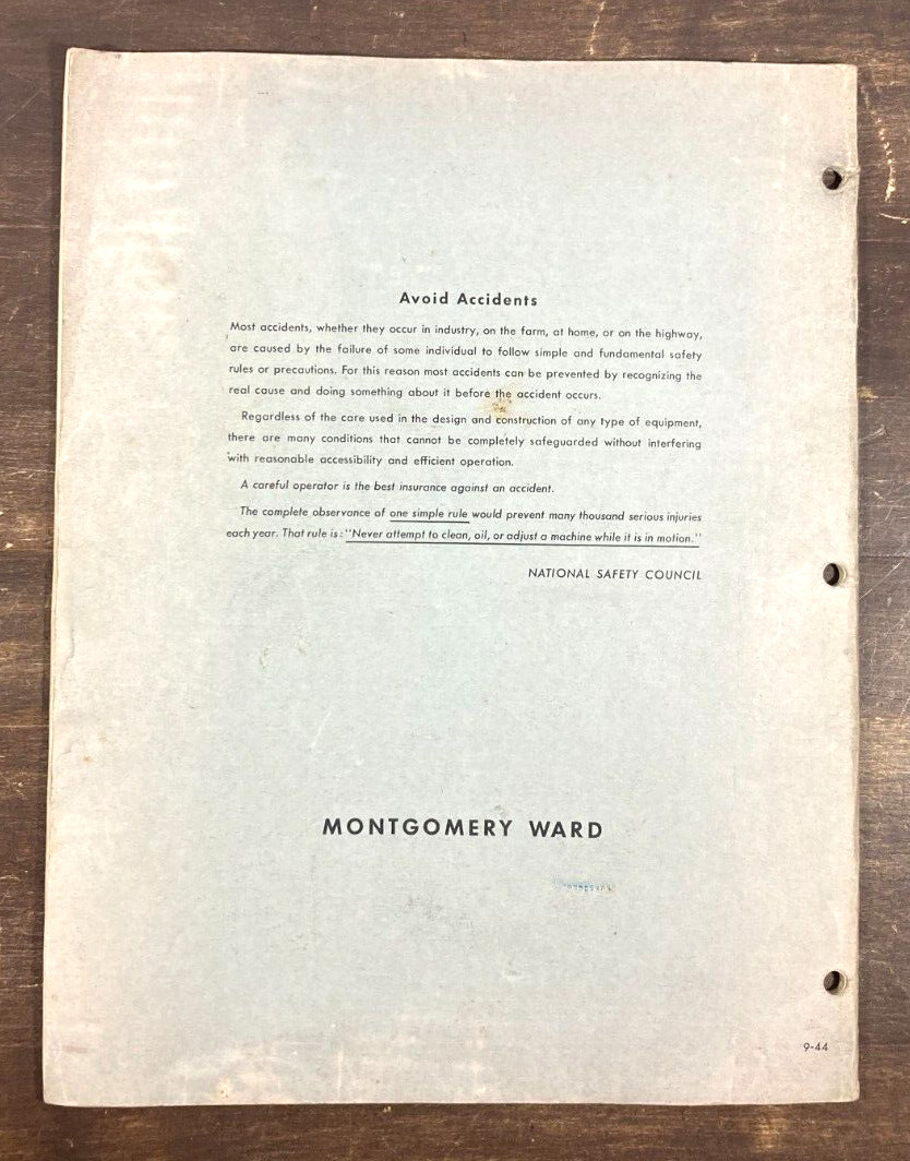 1944 Montgomery Ward B.F. Avery Manure Spreader Intsruction Manual Parts List