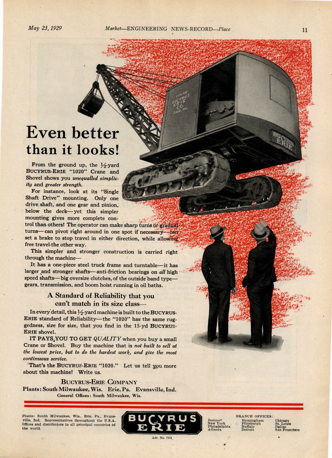1929 Bucyrus Erie Co. Ad: Type 1020 Crane & Shovel – Heavy Equipment – Milwaukee