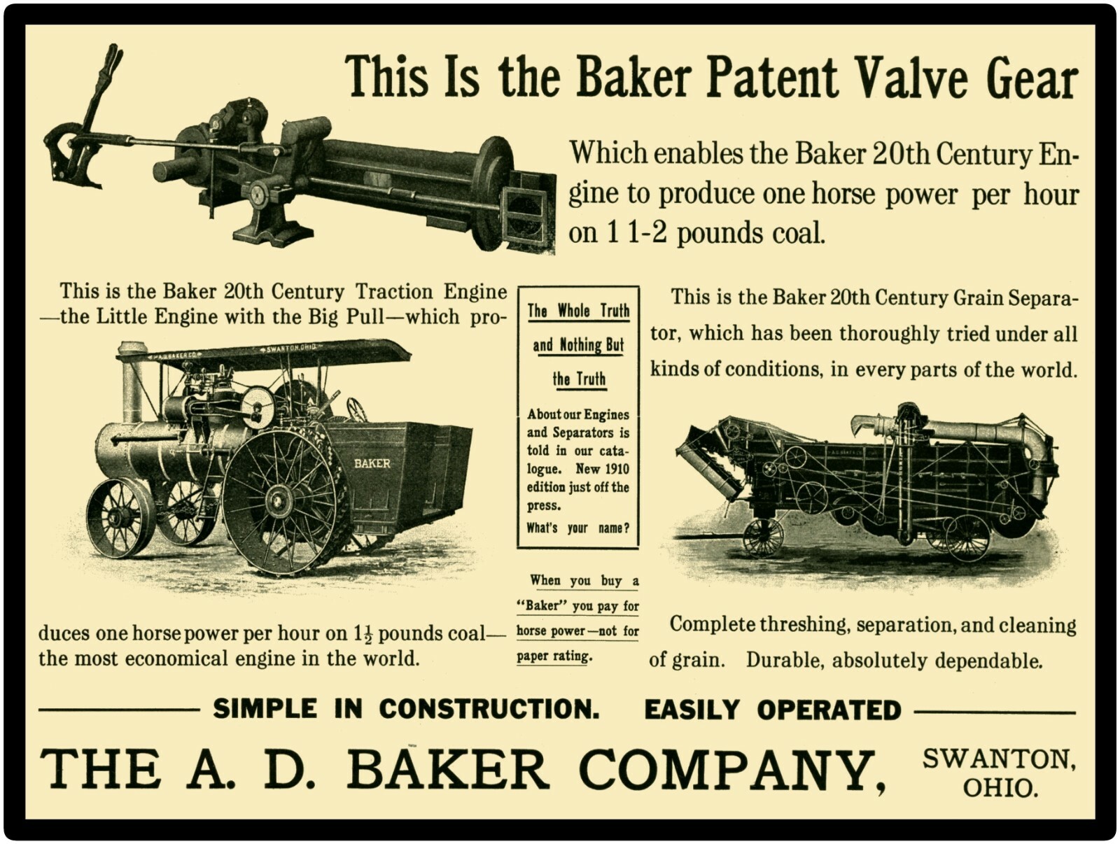 A.D. Baker Steam Traction Engine Swanton, OH New Metal Sign: LARGE SIZE 12 X 16