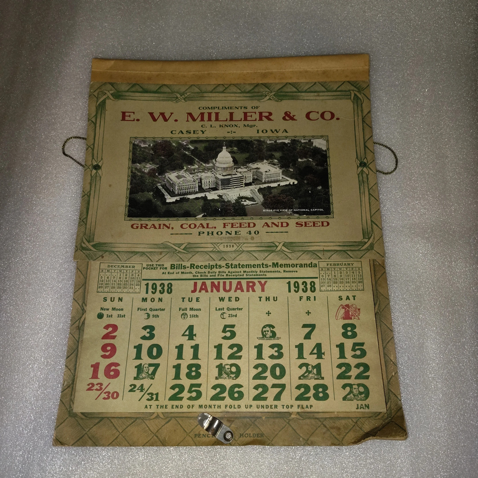 1938 E. W. Miller & Co. Casey Iowa Grain Coal Feed Seed Agricultural Calendar Ad
